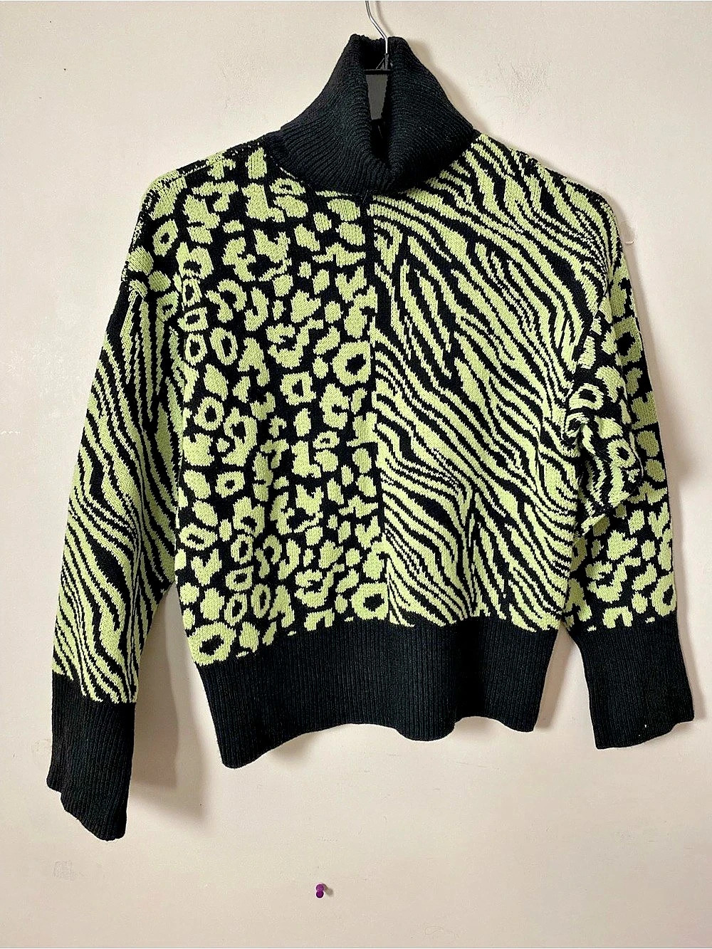 Zara Animal Print Turtleneck Sweater in Black & Green Size Small